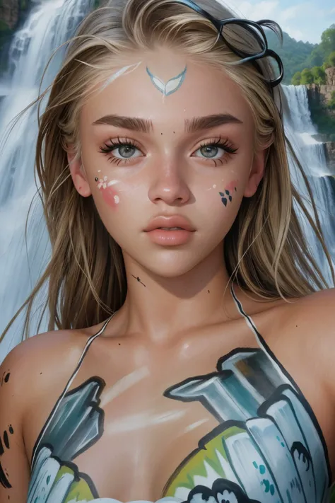 realistic photo of <lora:MaddieFrancessca_v1:.9> MaddieFrancessca, close up on face, focus on eyes, (waterfall face paint:1.2)