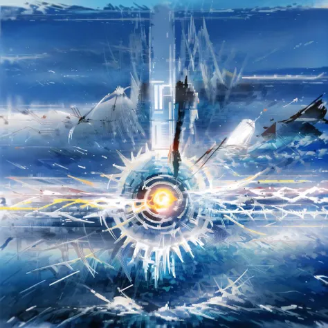 metalheart <lora:Metalheart:0.61> sketch, error, glitch, abstract square pattern, cityscape, radial blur, masterpiece, best quality, no_humans, scenery, <lora:fantasticscenery-Eisthol:1>, cloudy, sky, masterpiece, <lora:C4D:0.6>, sea, water, wave, fire, <lora:bluestyle-000005:0.6>, jr korpa, <lora:Nlo_JrKorpa_v1:0.9>