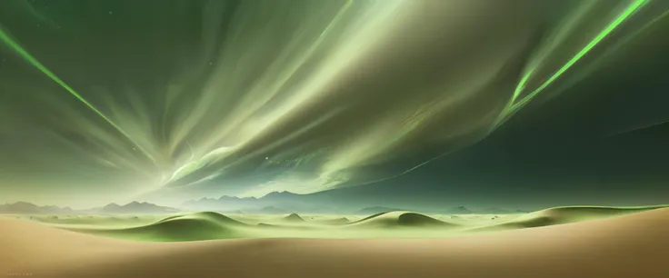 (low horizon:1.3), desert landscape, (dunes:1.2), fog, sand ripple, dawn,, smooth gradients, 8k ultra high quality, digital painting, masterpiece, (dramatic:1.2), (green space sky:1.3), stars,   <lora:Metalheart:0.5>