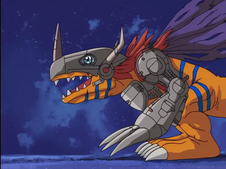 metalgreymon,side view,band down,night scene,armor,horns<lora:metalgreymon-web:1>