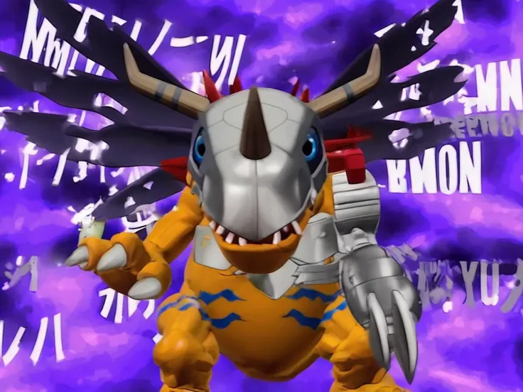 metelgreymon,cgi,front view,standing at angle,purple plasma cloud text background,armor,horns,wings<lora:metalgreymon-web:1>