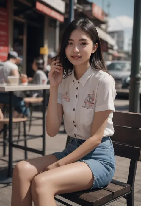 In a busy city on Earth's future, on a clear sunny day, strong sunlight casts distinct shadows on the streets. There, a 20-year-old Chinese girl is seen wearing trendy shirts and jeans, paired with a pair of travel shoes. Seated on a chair, she has a lollipop in her mouth, and the sun's rays shine on her face, revealing a radiant smile.
She has a perfect face with rich facial details, beautiful large eyes, thick eyebrows, and a head of jet-black short hair. Her figure is slim yet muscular, with well-defined abs, a narrow waist, and a voluptuous behind, oozing with sensuality.
cowboy shot