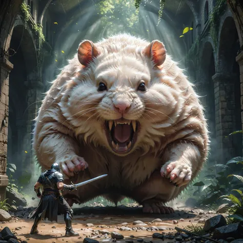 action shot, fighting, fantasy, gigantic hamster, bosstyle <lora:boss_battles:0.55> by (((Antonio J. Manzanedo) and Cyril Rolando) and Mab Graves) and Anne Stokes <lora:more_art:0.30> <lora:RMSDXL_Enhance:0.45> <lora:RMSDXL_Creative:0.45> <lora:RMSDXL_Photo:0.45> <lora:RMSDXL_Darkness_Cinema:0.45> <lora:clothing_slider:2.00> <lora:great_lighting:1.00> <lora:aesthetic:1.00> <lora:looking_at_viewer:1.00> <lora:photorealistic_portrait_v2:0.25> <lora:attractive_v2:0.10> <lora:extremely_detailed_v2:0.25> <lora:XDetail_heavy:0.45> <lora:add_detail:0.75> <lora:perfect_eyes:0.25> <lora:perfect_hands:0.50> <lora:midjourney:-0.15>