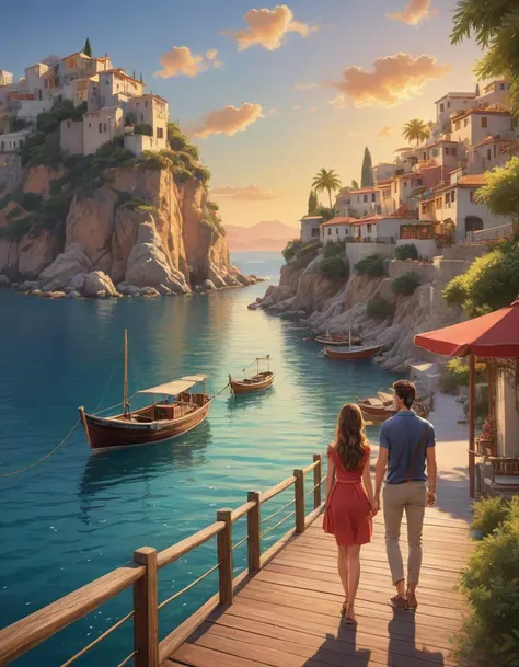 Feng from China, long curly [golden-brown:.3] hair, looking out to see a dock on the water, child at end of dock, boat leaving the dock, low angle, long lens, sunset, a mediterranean phoenician fishing village in the distance, over a chalk cliff, highly detailed, digital painting, artstation, concept art, sharp focus, illustration, art by artgerm and greg rutkowski and raphael lacoste and magali villeneuve, virtual combat arena, digital battles, virtual warriors, competitive gaming <lora:attractive_notrigger:1>