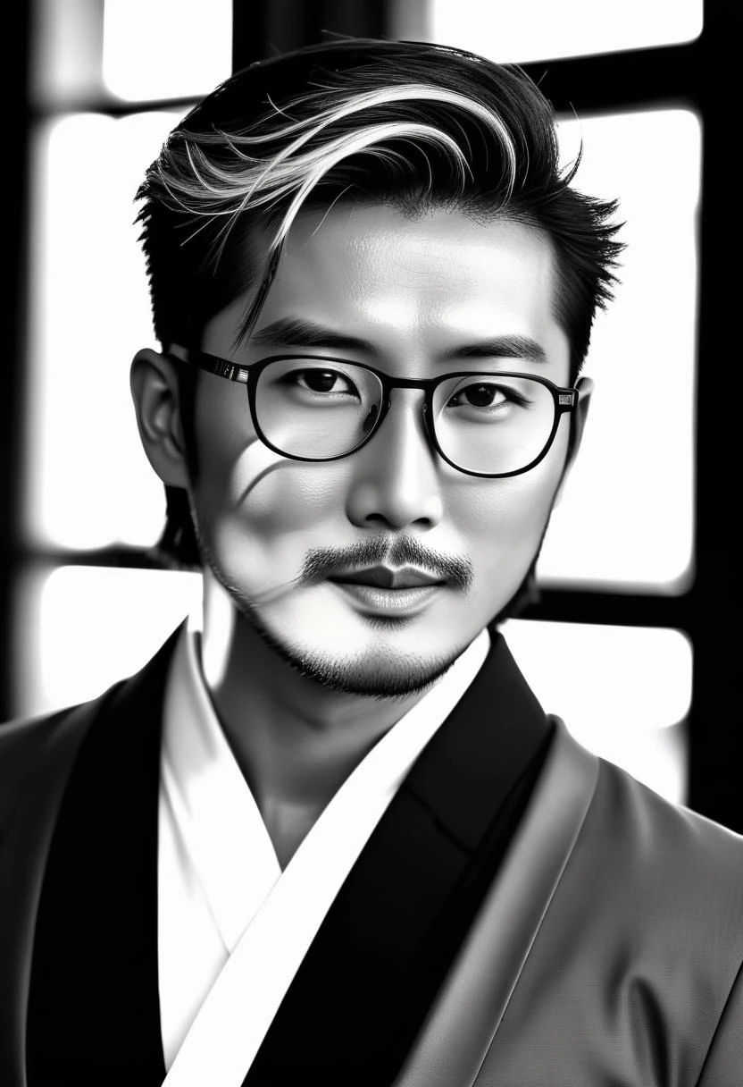a 40 year old asian man,having stubble,exquisite face,black and white hair,samurai hairstyle,brown pupils,rimless_eyewear,standing collar suit,portrait close-up,photo solo,portrait close-up,masterpiece,8K,<lora:add-detail-xl:1>,<lora:openjourneyLora:1>,<lora:attractive_notrigger:1>,