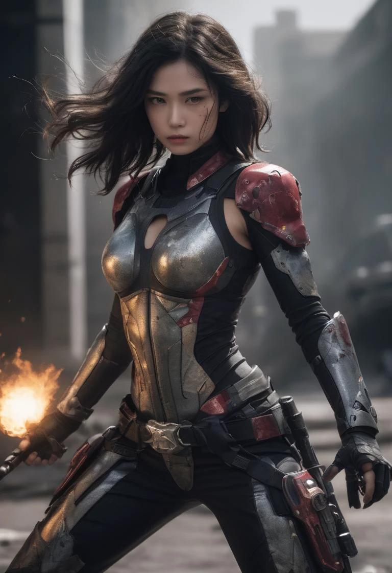 In a future extraterrestrial battlefield, there are battles and explosions everywhere, smoke and flames everywhere. There is a 20-year-old Chinese girl wearing damaged armor, with many exposed skin and wounds and blood on her body. She is in a squatting position, holding a laser gun and aiming and shooting at the enemy. The explosion of flames shone on her face, and she looked excited.
She has a perfect face with rich facial details, beautiful big eyes, thick eyebrows, short black hair, a slender body, well-developed muscles, prominent abdominal muscles, a slender waist, and a large buttocks, full of sexiness.
cowboy shot,