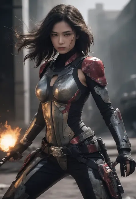 In a future extraterrestrial battlefield, there are battles and explosions everywhere, smoke and flames everywhere. There is a 20-year-old Chinese girl wearing damaged armor, with many exposed skin and wounds and blood on her body. She is in a squatting position, holding a laser gun and aiming and shooting at the enemy. The explosion of flames shone on her face, and she looked excited.
She has a perfect face with rich facial details, beautiful big eyes, thick eyebrows, short black hair, a slender body, well-developed muscles, prominent abdominal muscles, a slender waist, and a large buttocks, full of sexiness.
cowboy shot,