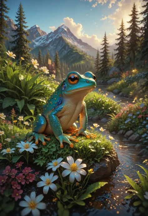 Tilt-shift photo of flower,outdoors,sky,day,cloud,tree,blue sky,no humans,animal,grass,white flower,nature,scenery,forest,mountain,frog,field,landscape,mountainous horizon,professional,cinematic,composition,beautiful detailed,color,illuminated,sharp focus,very intricate,innocent,symmetry,stunning,surreal,highly enhanced,epic,magical,BeyondSDXLv3,<lora:detailed_notrigger:0.8>,<lora:attractive_notrigger:0.8>,art by Anne Stokes,, ultra quality, 8k, hdr, ultra detailed, intricate details, global illumination, polarized light, rim light, dramatic light, Bokeh, tilt-shift, octane, golden hour, shadow, dense light rays, backlight, dark shot, chiaroscuro . Selective focus, miniature effect, blurred background, highly detailed, vibrant, perspective control<lora:zavy-hrglw-sdxl:1><lora:zavy-hrglw-sdxl:1>