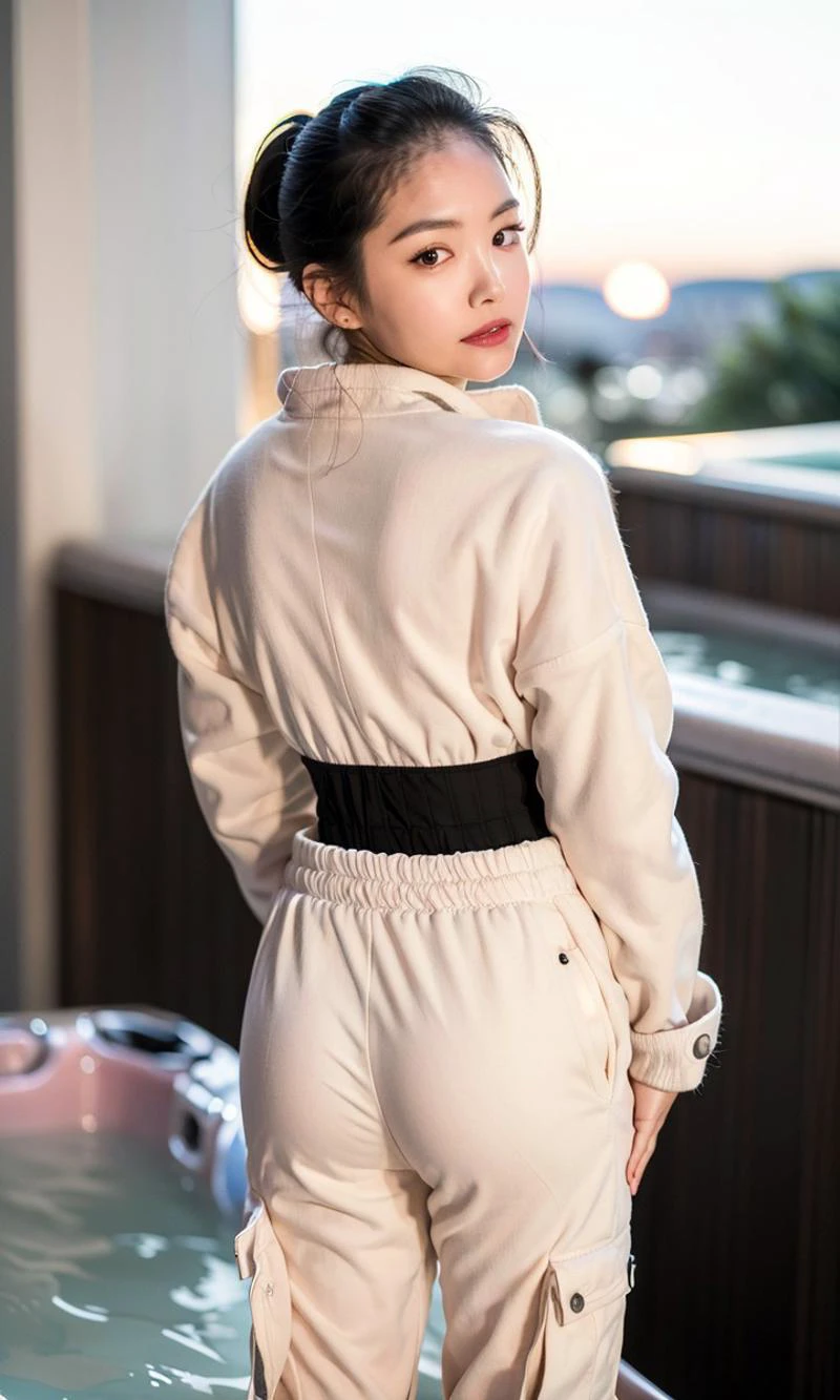 <lora:naeun_V10:1.0>, (((((naeun1))))), (8k, RAW photo, best quality, masterpiece:1.2), High detail TAW colour photo, professional photograph, (realistic, photo-realistic:1.37), ((best quality)), cinematic light, (masterpiece:1.5), (best quality:1.2), (bokeh:1.2), 35mm:1.25, wide angle, glamour shot, portrait photo, (((full body))) close up:1.2, 1 girl, 19-year-old athlete, solo, white skin, cute, detailed skin texture, glistening skin, ((((large side boobs)))), (((((small waist))))), ((pony tail:1.2)), slim waist, she feels hot and sweating, (((hot tub))):1.2, (medium breast), floating hair, lipstick, <lora:avMiuraJP_v10:0.1>, ((((from behind)))), (((looking over her shoulder))), ((((At sunset)))), (((hourglass figure))), ((((big ass)))), (((wide hips))), ((thin)), ((apple bottom)), ((((legs spread wide apart)))), ((((wearing loose cargo pants and a fluffy pink parka))))