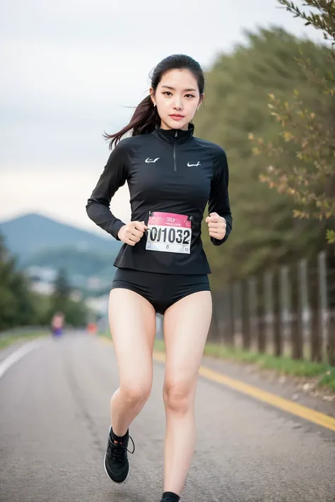 nikon RAW photo,8 k,Fujifilm XT3,close up photo,masterpiece, best quality, 1girl,solo,realistic, photorealistic,ultra detailed,
full body,running, a sleek and modern running outfit in shades of black and white, earbuds in her ears, a determined look on her face, running on a peaceful trail surrounded by trees and mountains
naeun1, <lora:naeun__v1:1>