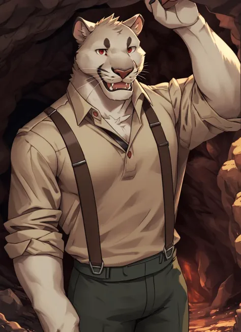 <lora:sam_ayers-08:1>, sam ayers, (solo), shirt, male focus, collared shirt, animal, fangs, suspenders, brown shirt, red eyes, mines, cave