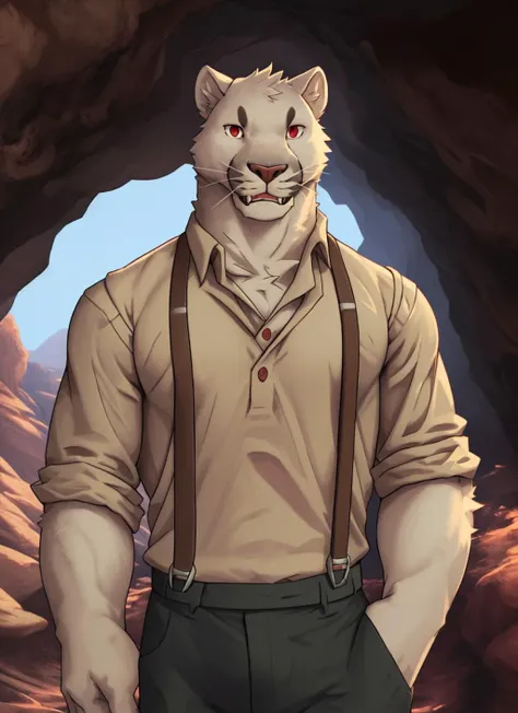 <lora:sam_ayers-08:1>, sam ayers, (solo), looking at viewer, shirt, male focus, collared shirt, animal, fangs, suspenders, brown shirt, red eyes, mines, cave