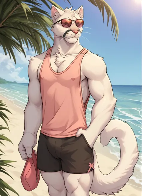 <lora:sam_ayers-08:1>, sam ayers, (solo), pink tank top, shorts, male focus, beach, sunglasses, (white fur), tail, feline tail,