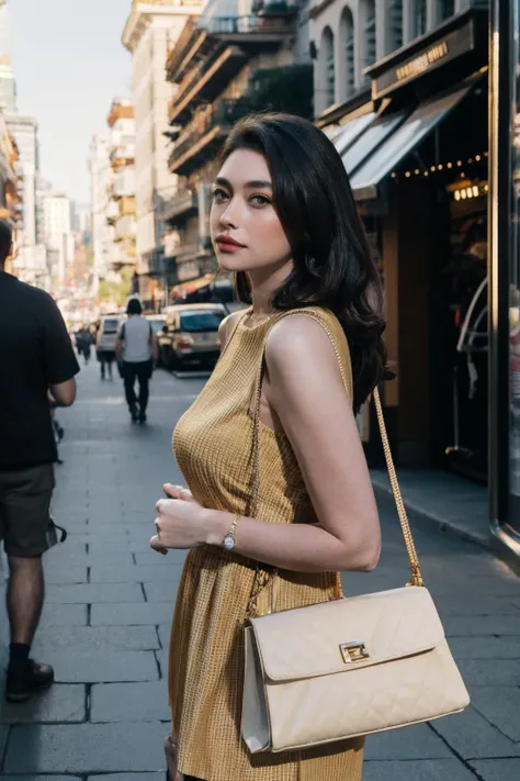 glamour photo of amandarigby6, amidst a bustling city, upper body framing, in a street photography setting, golden hour lighting:1.3), shot at eye level, on a Fujifilm X-T4 with a 50mm lens, <lora:amandarigby6-14:0.9>