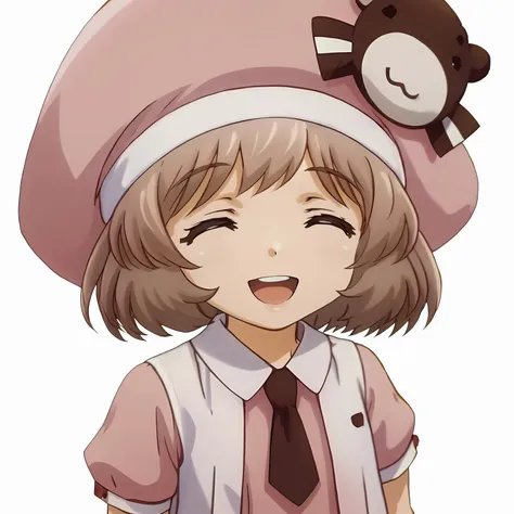 <lora:SakuraAmatsukaXLpony001>,
smile,open mouth,closed eyes,
solo,
SakuraAmatsuka,1girl,brown hair,short hair,
pink_hat,
pink_dress,white vest,necktie,