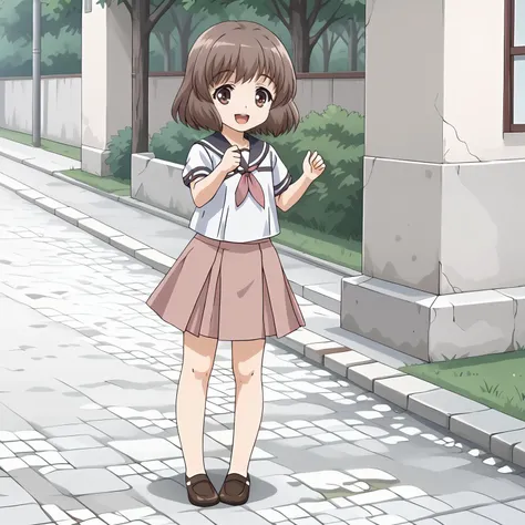 <lora:SakuraAmatsukaXLpony001>,
smile,open mouth,
solo,
SakuraAmatsuka,1girl,brown hair,short hair,brown eyes,
outdoors,
full body,standing,serafuku,white shirt,pleated_skirt,