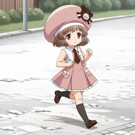 <lora:SakuraAmatsukaXLpony001>,
solo,
SakuraAmatsuka,1girl,brown hair,short hair,brown eyes,
pink_hat,
pink_dress,white vest,necktie,
full body,running,