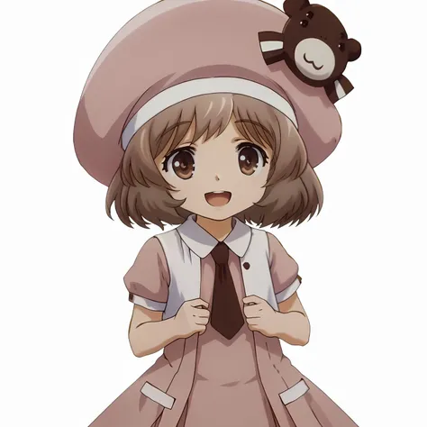 <lora:SakuraAmatsukaXLpony001>,
smile,open mouth,
solo,
SakuraAmatsuka,1girl,brown hair,short hair,brown eyes,
pink_hat,
pink_dress,white vest,necktie,