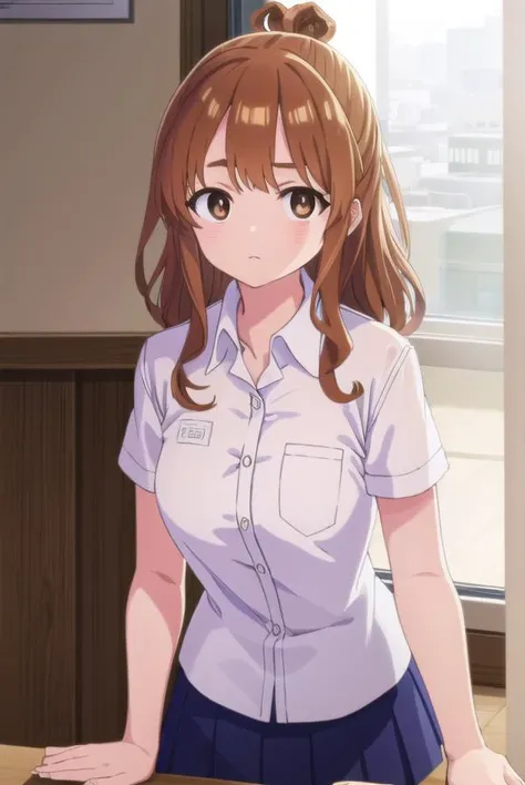 moekosekine, <lora:moeko sekine s1-lora-nochekaiser:1>,
moeko sekine, long hair, skirt, brown hair, (brown eyes:1.5), hair bun, single hair bun, sidelocks,
BREAK skirt, shirt, school uniform, white shirt, short sleeves, pleated skirt, collared shirt, blue skirt,
BREAK indoors, classroom,
BREAK looking at viewer, (cowboy shot:1.5),
BREAK <lyco:GoodHands-beta2:1>, (masterpiece:1.2), best quality, high resolution, unity 8k wallpaper, (illustration:0.8), (beautiful detailed eyes:1.6), extremely detailed face, perfect lighting, extremely detailed CG, (perfect hands, perfect anatomy),