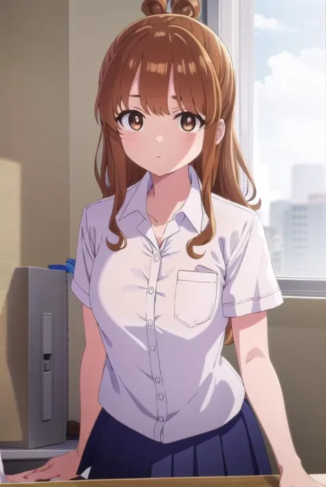 moekosekine, <lora:moeko sekine s1-lora-nochekaiser:1>,
moeko sekine, long hair, skirt, brown hair, (brown eyes:1.5), hair bun, single hair bun, sidelocks,
BREAK skirt, shirt, school uniform, white shirt, short sleeves, pleated skirt, collared shirt, blue skirt,
BREAK indoors, classroom,
BREAK looking at viewer, (cowboy shot:1.5),
BREAK <lyco:GoodHands-beta2:1>, (masterpiece:1.2), best quality, high resolution, unity 8k wallpaper, (illustration:0.8), (beautiful detailed eyes:1.6), extremely detailed face, perfect lighting, extremely detailed CG, (perfect hands, perfect anatomy),