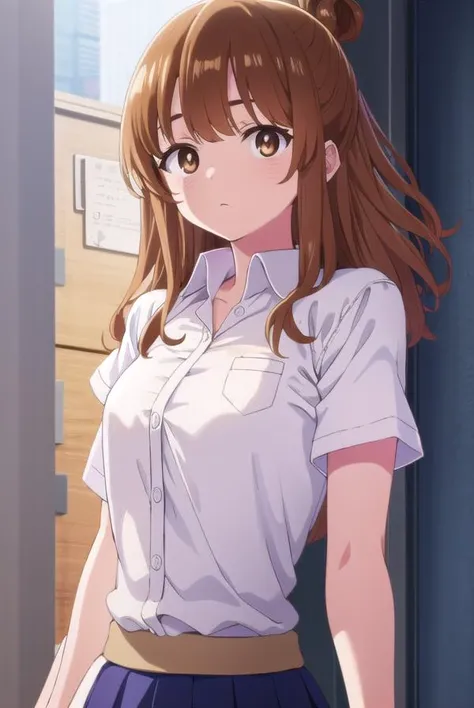 moekosekine, <lora:moeko sekine s1-lora-nochekaiser:1>,
moeko sekine, long hair, skirt, brown hair, (brown eyes:1.5), hair bun, single hair bun, sidelocks,
BREAK skirt, shirt, school uniform, white shirt, short sleeves, pleated skirt, collared shirt, blue skirt,
BREAK indoors, classroom,
BREAK looking at viewer, (cowboy shot:1.5),
BREAK <lyco:GoodHands-beta2:1>, (masterpiece:1.2), best quality, high resolution, unity 8k wallpaper, (illustration:0.8), (beautiful detailed eyes:1.6), extremely detailed face, perfect lighting, extremely detailed CG, (perfect hands, perfect anatomy),