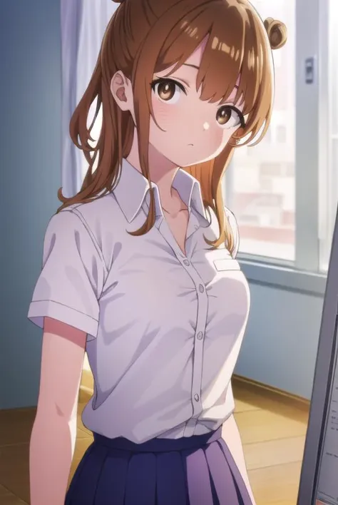 moekosekine, <lora:moeko sekine s1-lora-nochekaiser:1>,
moeko sekine, long hair, skirt, brown hair, (brown eyes:1.5), hair bun, single hair bun, sidelocks,
BREAK skirt, shirt, school uniform, white shirt, short sleeves, pleated skirt, collared shirt, blue skirt,
BREAK indoors, classroom,
BREAK looking at viewer, (cowboy shot:1.5),
BREAK <lyco:GoodHands-beta2:1>, (masterpiece:1.2), best quality, high resolution, unity 8k wallpaper, (illustration:0.8), (beautiful detailed eyes:1.6), extremely detailed face, perfect lighting, extremely detailed CG, (perfect hands, perfect anatomy),
