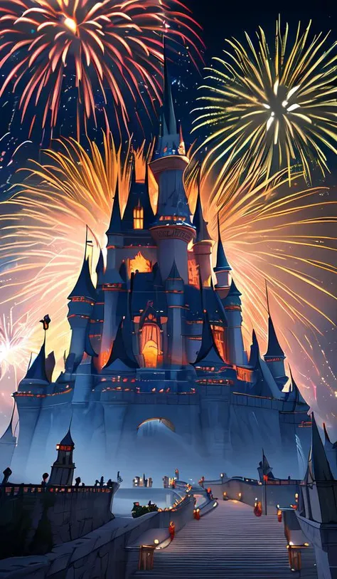 a glittering fantasy castle at night with grand delicate walkways, firework on the sky,extremely detailed, Behrens style, digital art, octane render, beautiful composition, trending on artstation, masterpiece