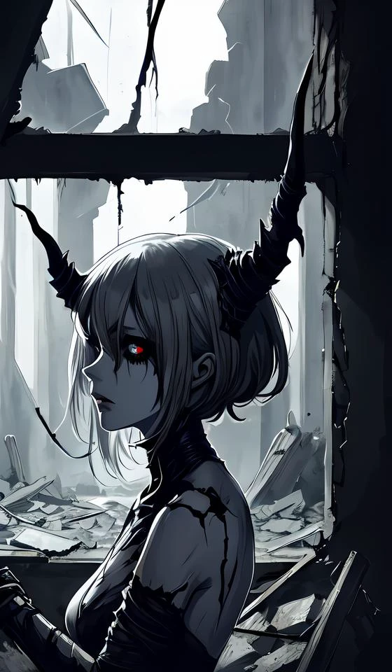 demon girl,horror,broken architectures,ruins,grey,indoor,close up,