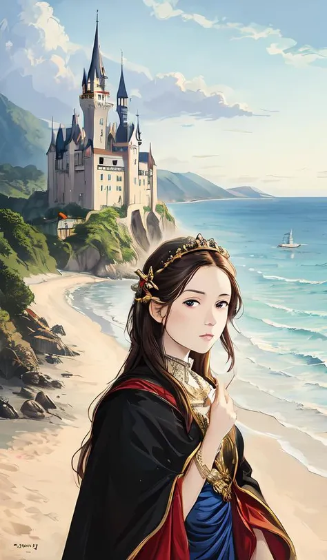 portrait of maiden,beach,prince,sea,castle background,