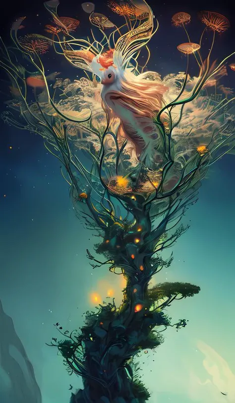 a surreal Bioluminescent, very very very cute Silene in a happy world by Daniel Merriam, Trending on Artstation, oil on Canvas by Elena Zhurikhina and Goro Fujita and Charlie Bowater, octane render, 4k, 8k, HD,abstract dream, space, intricate, grand scale, alone, cinematic film still, insane detail, sharp focus, depth of field, realistic lighting, (realistic perspective), complex, (multiple subjects), 4k HDR,<lora:add_detail:0.5> <lora:more_details:0.25> <lora:20230530123038:0.25>