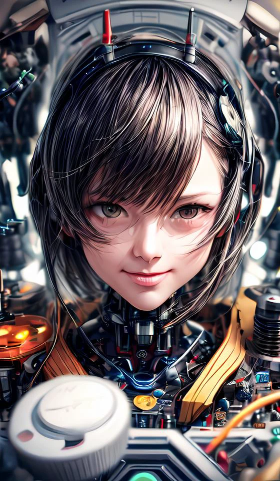 portrait512 Cyborg512 Tay512, electronics, motors, wires, buttons, lcd <lora:add_detail:2>