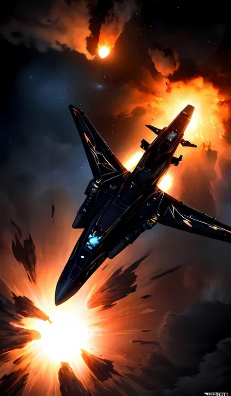 a matte black fighter starship, (flying away from an explosion:1.4), cinematic lens flare, bloom, dynamic lighting, massive fireball, 4k vfx,abstract dream, space, intricate, grand scale, alone, cinematic film still, insane detail, sharp focus, depth of field, realistic lighting, (realistic perspective), complex, (multiple subjects), 4k HDR,<lora:add_detail:0.5> <lora:more_details:0.25> <lora:20230530123038:0.25>