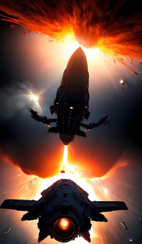 a matte black fighter starship, (flying away from an explosion:1.4), cinematic lens flare, bloom, dynamic lighting, massive fireball, 4k vfx,abstract dream, space, intricate, grand scale, alone, cinematic film still, insane detail, sharp focus, depth of field, realistic lighting, (realistic perspective), complex, (multiple subjects), 4k HDR,<lora:add_detail:0.5> <lora:more_details:0.25> <lora:20230530123038:0.25>