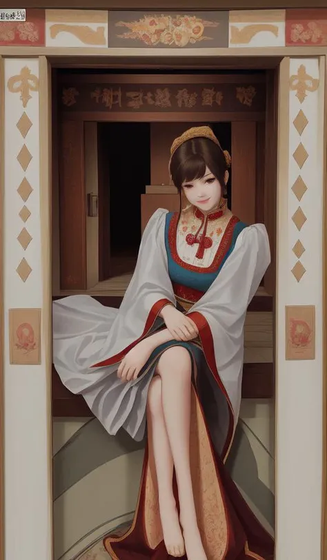 a beauty traditional dress woman sitting on the door,The colorful and gorgeous border of the gate is antique in color,