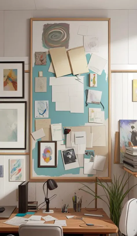 The messy desk and desk stand against the wall, with an abstract painting on the wall