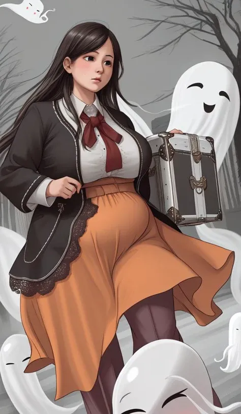 The girl with long hair was wearing a pair of plump lace pants and carrying a huge case,ghosts floating around,