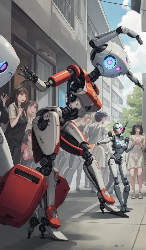 In the residential building, a large group of robots are dancing street dance,