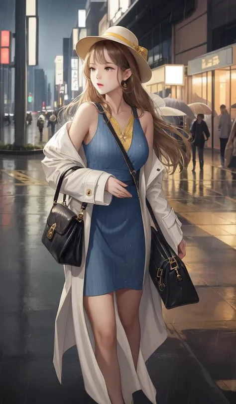 1girl,fashion, wearing a yellow hat, a blue suspender dress, a white detective coat, extravagant, shining lights on the rainy streets,