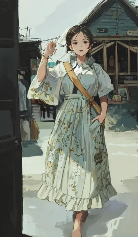 A girl in a gorgeous long dress is shopping, with an old wooden house in the background,
