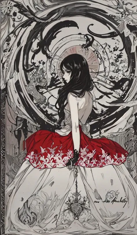abstract,A girl with black hair and no appearance, a red dress, decorative art, and terrifying elements