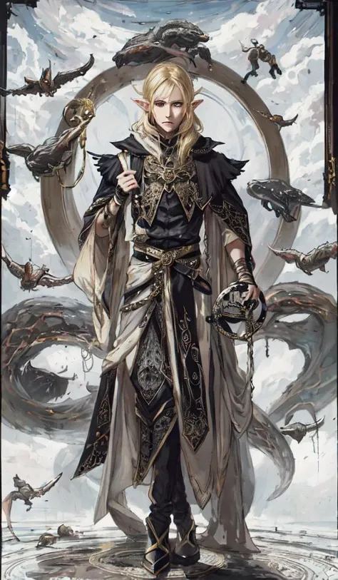 abstract,A blonde elf dressed in luxurious black attire, standing on a mysterious instrument in a circle, surrounded by strange creatures and clouds,