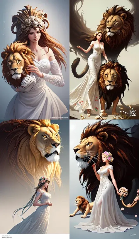 a woman, wearing a cute white dress adorned with flowers, dominating a lion. intricate, elegant, highly detailed, digital painting, artstation, concept art, sharp focus, illustration, by justin gerard and artgerm, 8 k
