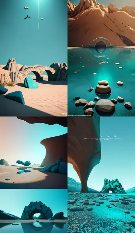 desert, long stone bridges between flying rocks. trending on artstation. vogue magazine. halo. octane rendering, cinematic, hyperrealism, octane rendering, 8 k, depth of field, bokeh. iridescent accents. vibrant. teal gold and blue color scheme