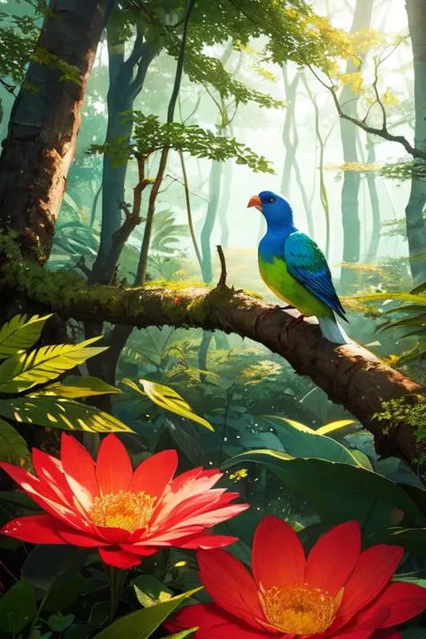 A vibrant, exotic bird perched on a branch in a lush, tropical rainforest, surrounded by vividly colored flowers and foliage. The style is digital art by Elara Mivon, characterized by rich, saturated colors and a slightly surreal, dreamlike quality, enhancing the natural beauty and mystery of the scene. The bird's feathers are a kaleidoscope of colors, shimmering in the dappled sunlight filtering through the canopy above, creating an image that is both captivating and mesmerizing.
