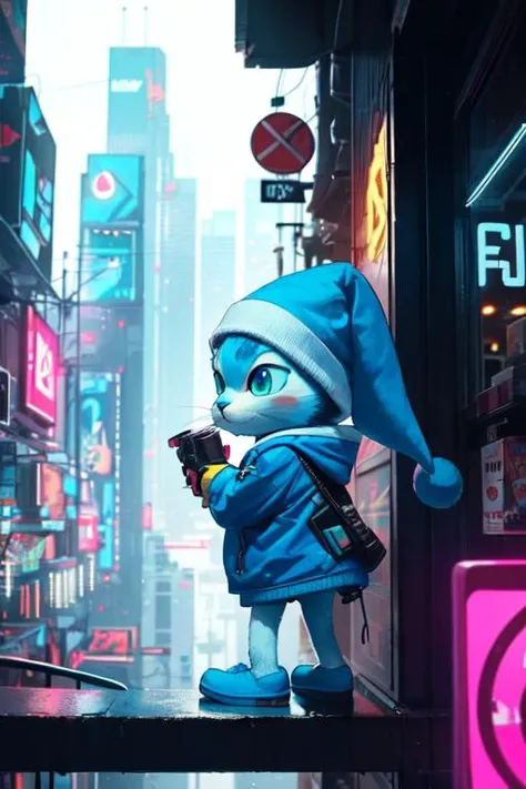 photo of small blue smurf living in cyberpunk world,a blue smurf cat wearing cyberpunkk jacket,cyberpunk city on background,extreme detail,