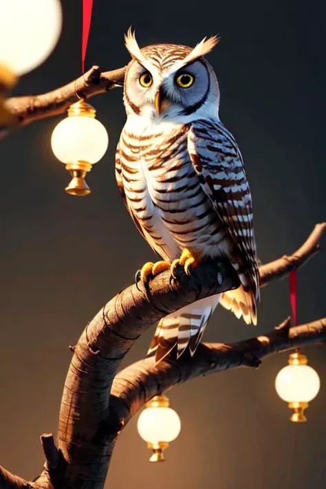 an owl sitting on a tree made of ral-paperstreamer, very detailed, at night, haze lighting, 4k, uhd, masterpiece