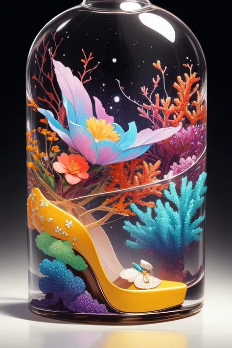 a close up of a glass shoe on a display, inspired by David LaChapelle, glass flowers, high quality product image , coral reef, flora and fauna, cosmic nebula, dark background christian dior style, with frozen flowers around her, stunning-design, beutifull, side profile artwork, glass paint, multicoloured, displayed, backlight