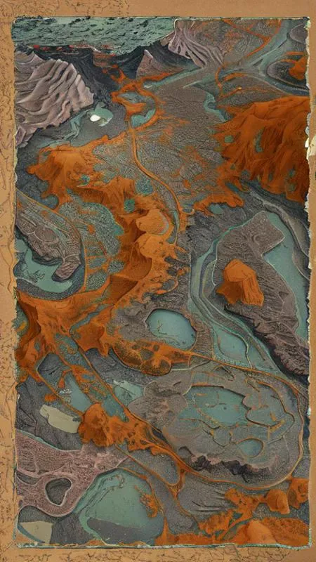 A 3D topographic map of the magical world, with red soil undulating on the sea