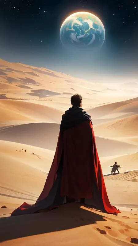 high detailed lone person looking to its dying planet on a progressive rock 70s 80s album cover style by Barry Godber, tool, gojira, realistic art, evangelion third impact inspired, Eliran Kantor, sand and desert environment, Eloy band, cinematic, unreal engine, high quality, eerily beautiful, cgsociety, 4K, UHD, Zdzisaw Beksiski, by George Caleb Bingham and Donato Giancola and Bob Eggleton, trending on ArtStation, dune, pulp magazines cover art