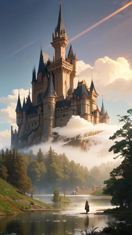 beautiful medieval castle, mist, sunrays, dust in the air, dnd character, unreal engine, octane render, dramatic lighting, pond, digital art, by stanley artgerm lau, greg rutkowski, thomas kindkade, alphonse mucha, loish, norman rockwell,